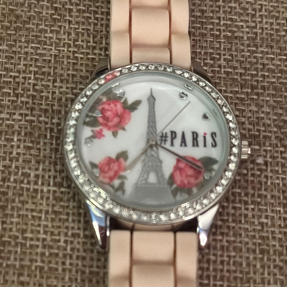 Elegant Paris-Themed Watch with Pink Strap